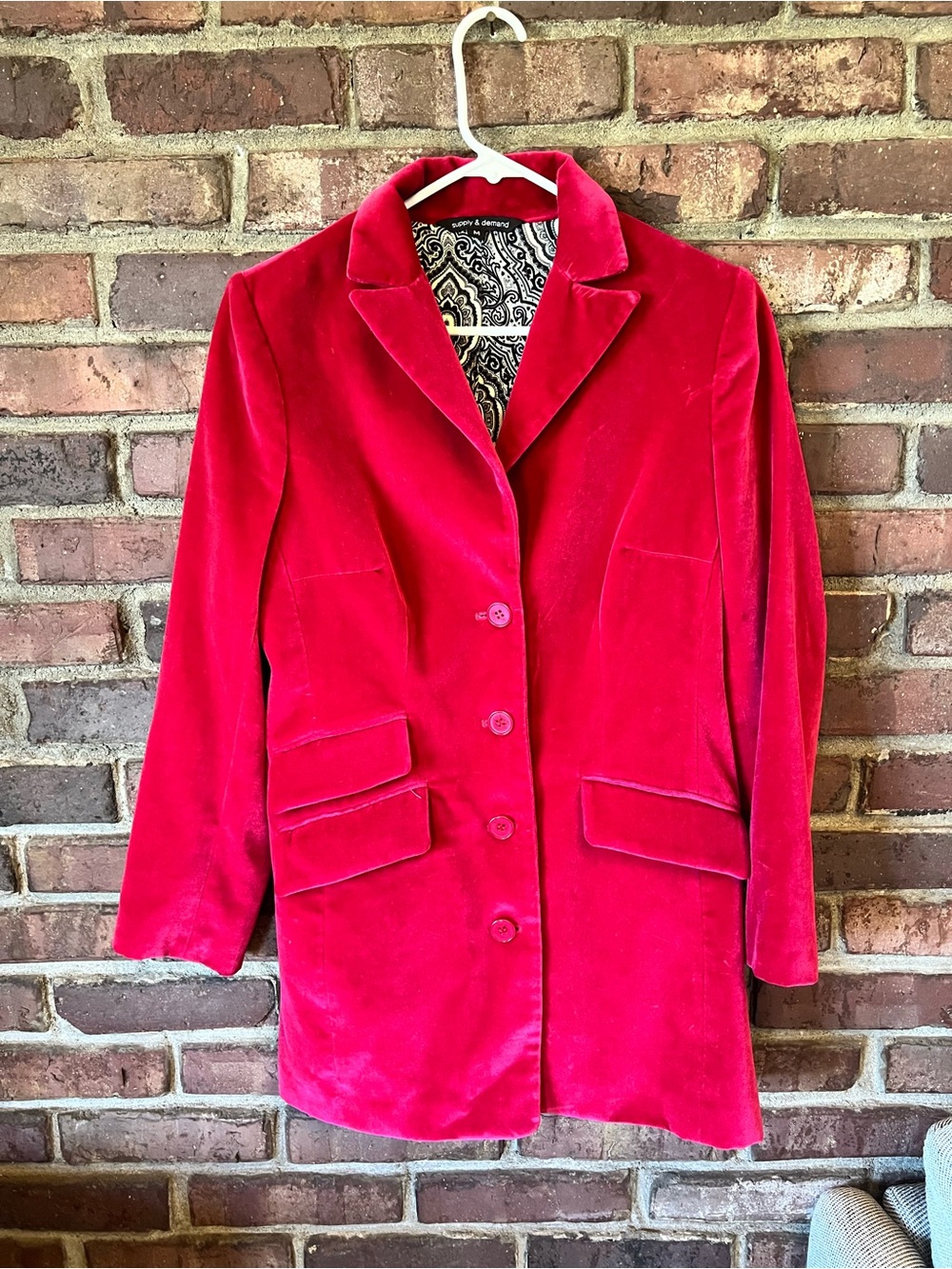 Vintage 80s 90s Supply & Demand Fuchsia Pink Velour Blazer Coat Paisley Silk M